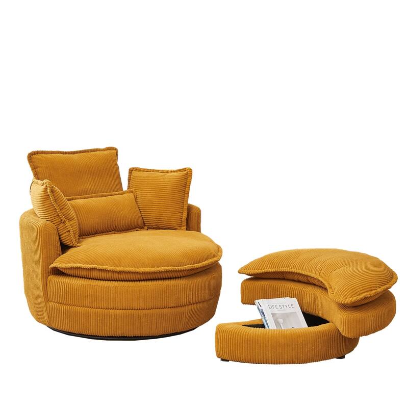38"W Oversized Swivel Chair with Moon Storage Ottoman, 4 Pillows