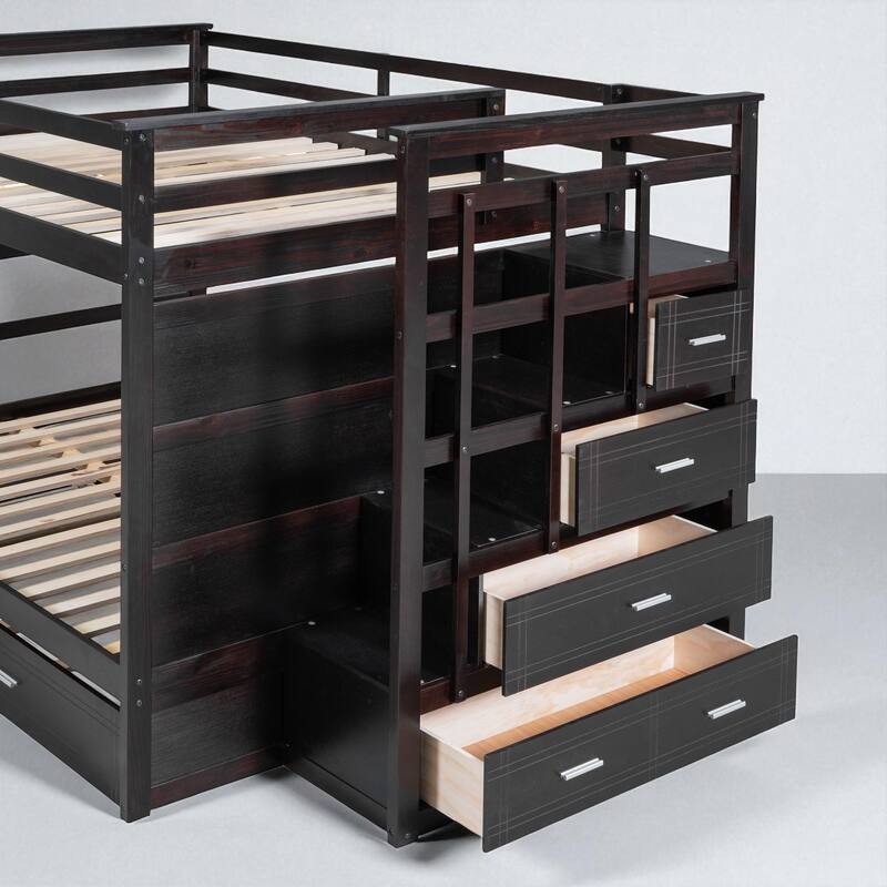 Twin Over Twin Bunk Bed with Trundle and Storage Drawers, Staircase Bunk Frame for Kids and Teens