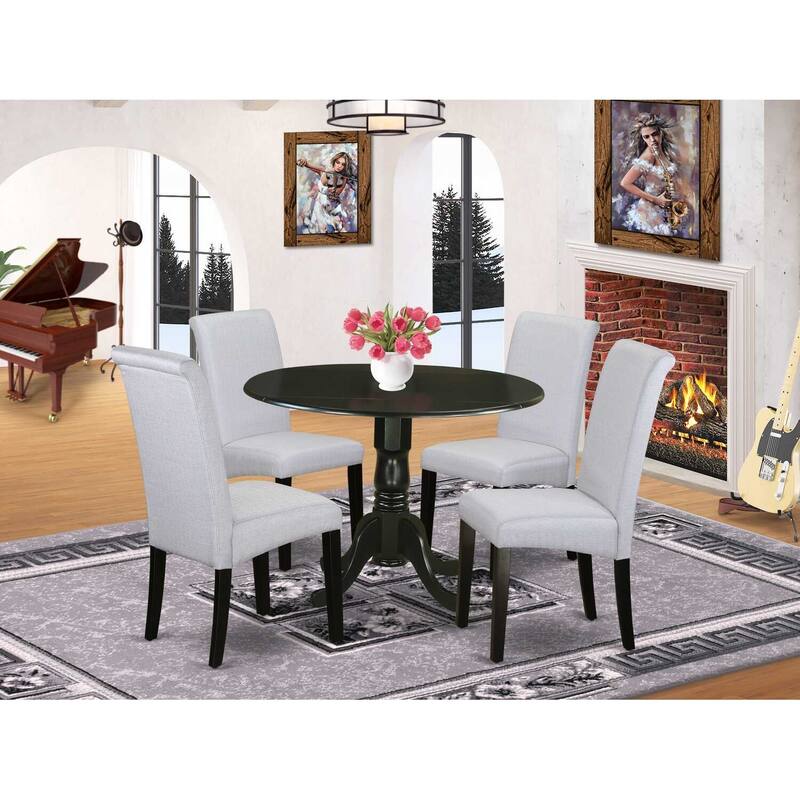 Rustic Round Dining Table Set 5Pc Kitchen Chairs Linen Grayish Blue Fabric