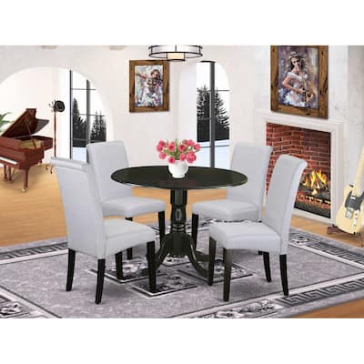 Rustic Round Dining Table Set 5Pc Kitchen Chairs Linen Grayish Blue Fabric