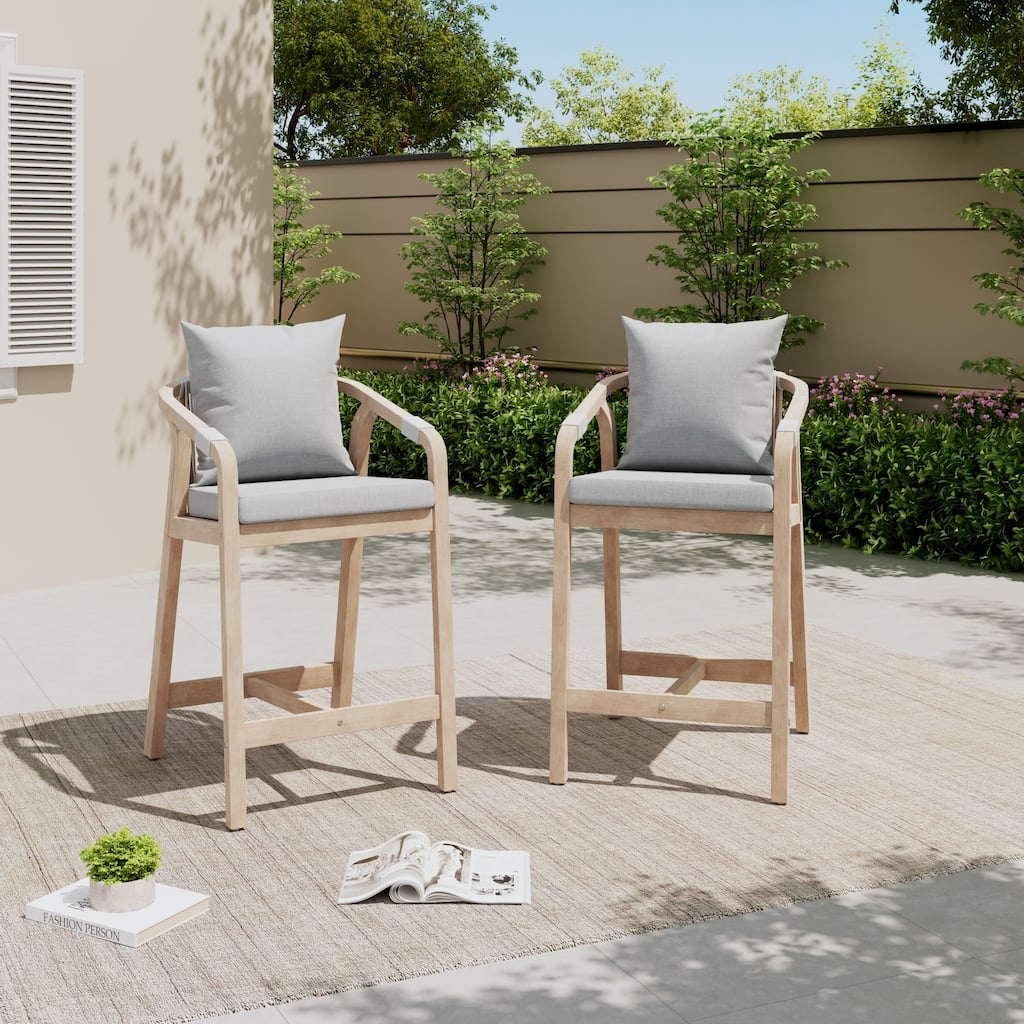 Outdoor Acacia Wood Bar Stools with Rope Back, Set of 2
