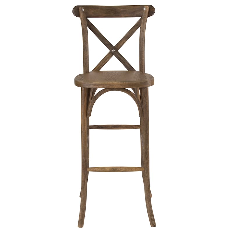 350lb. Rated Dark Antique Wood Cross Back Stackable Barstool - 13.75"D x 13" - 17.5"W x 43"H