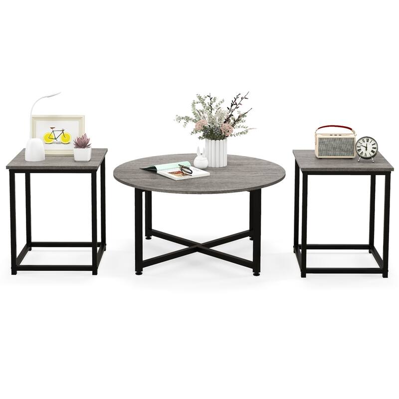 Costway 3 PCS Coffee Table Set Round Coffee Table and 2PCS Square End - See Details - Grey & Black