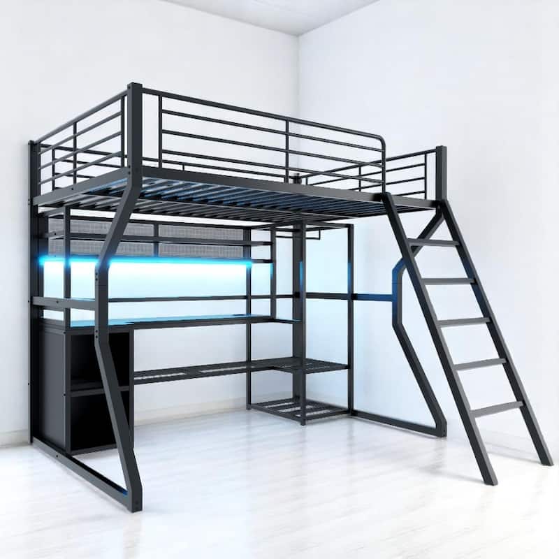 Full Size Metal Loft Bed with Desk, LED Lights, Charging Station, Open Wardrobe & Storage Shelves, Gaming Workstation Loft Frame