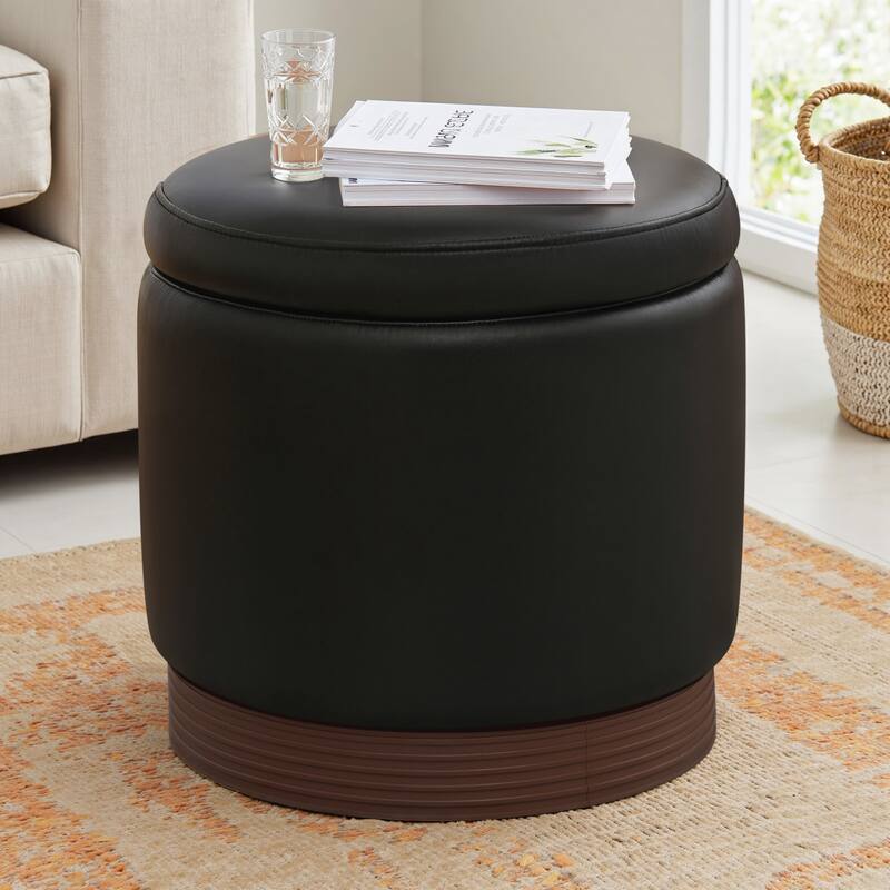 Round Swivel Storage Ottoman Footstool with Flip-top and Acacia Frame