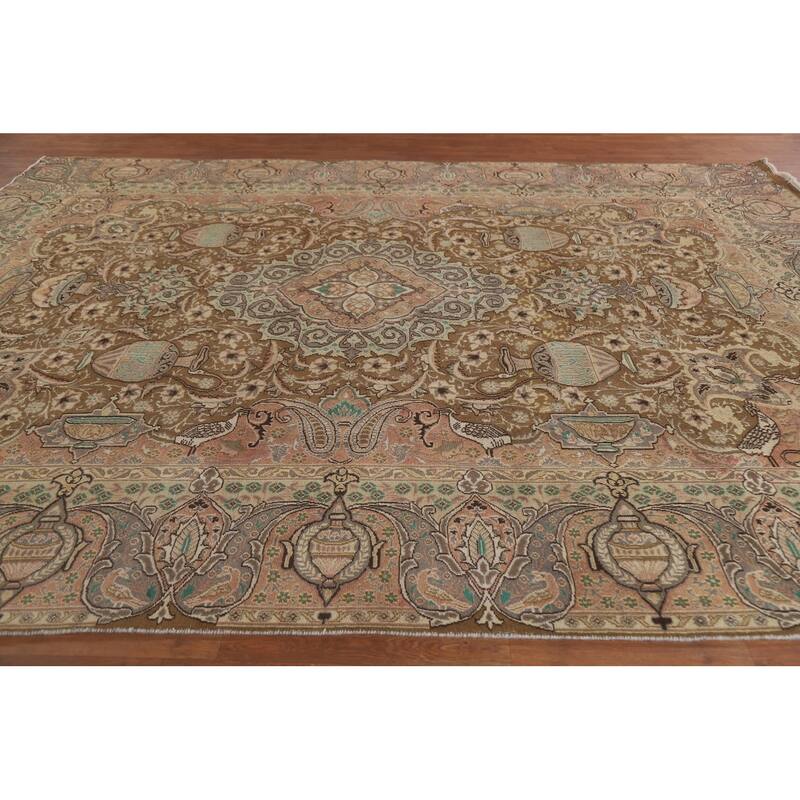 Hand Knotted Oriental 100% Wool Carpet Traditional Floral Brown Kashmar Area Rug - 12' 0'' X 9' 5''