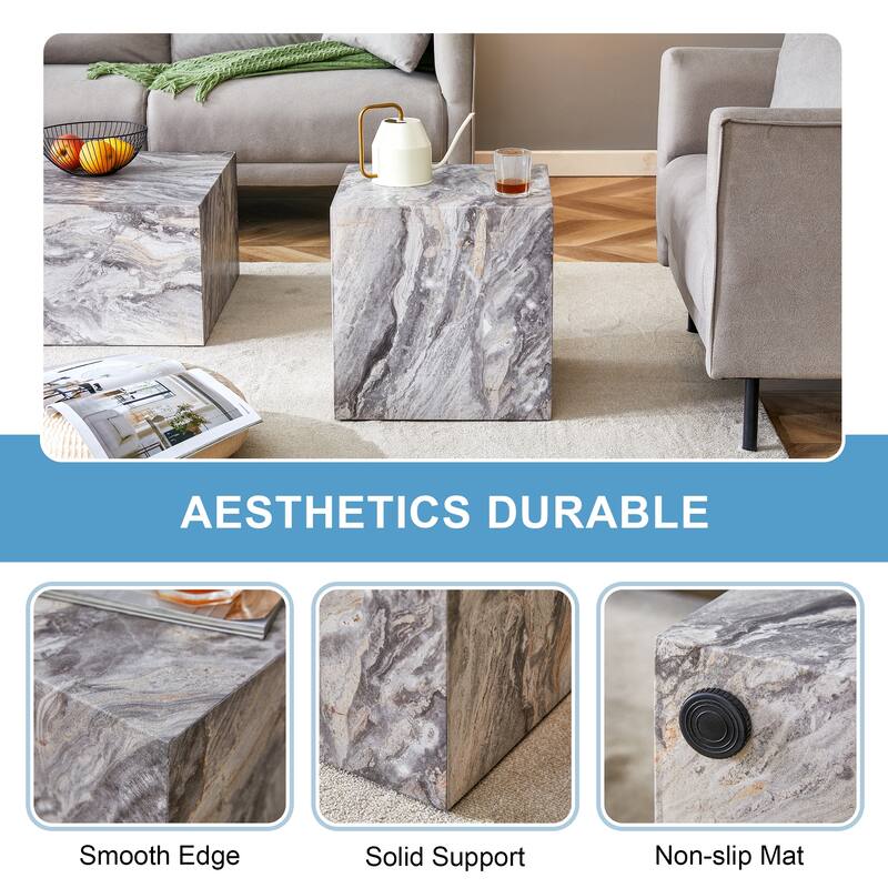 GDFStudio Thalassine Wood Coffee Table with Sleek Marble-Textured