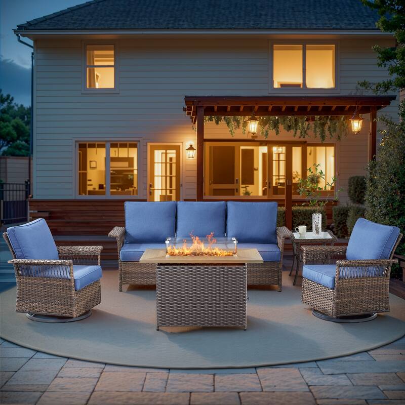 Pocassy 41 in Fire Pit Table with Patio Sofa Swivel Chair Table - Brown Wicker Blue Cushion - 5-Piece Sofa Swivel Chair Table with Fire Table