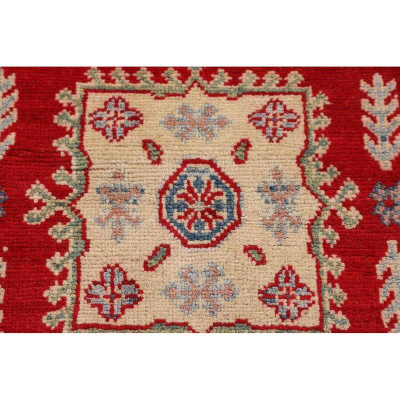Red Geometric Kazak Accent Rug Hand-Knotted Wool Carpet - 3'4" x 4'11"