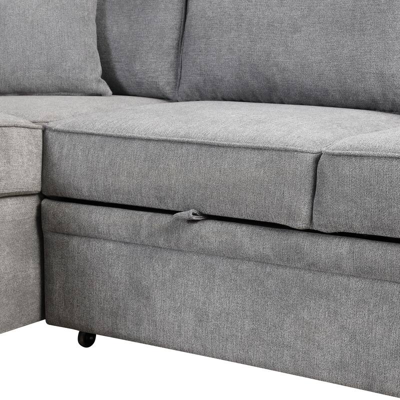 Sleeper Sofa Bed with Storage Ottoman, 2 in 1 Convertible Sectional Sofa Couch, Linen 4-Seater Sofa with Cup Holder