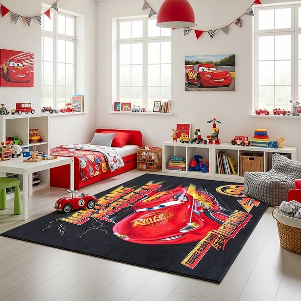 slide 2 of 6, Licensed Disney Pixar Cars Lightening McQueen Modern Character Printed Flannel Non-Slip Washable Indoor Kids Area Rug, 54"x78"