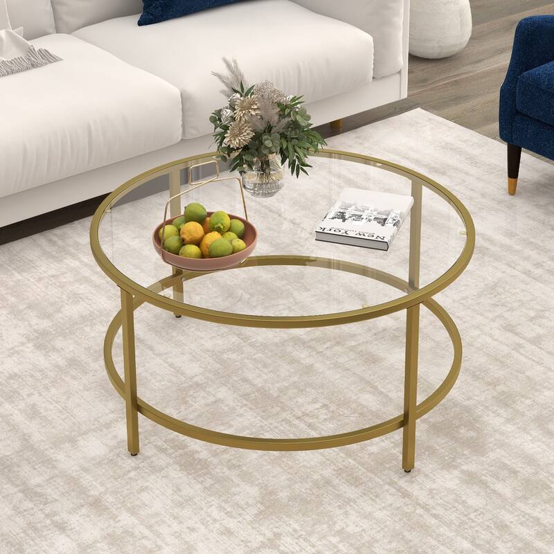 Tempered Glass Round Coffee Table with Metal Frame and 110 lbs Capacity - 35.5" x 35.5" x 18"