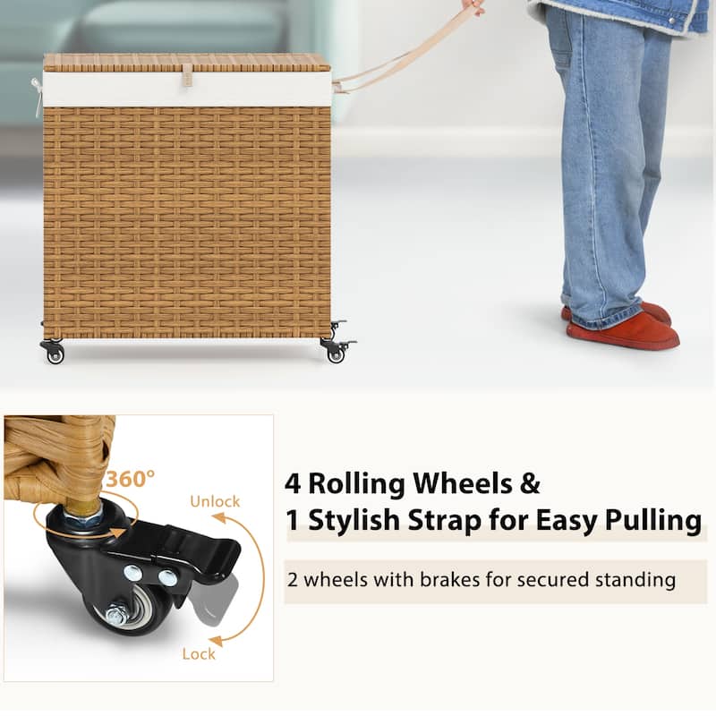 Gymax Laundry Hamper w/Wheels & Lid 125L 3-Section Clothes Hamper w/2