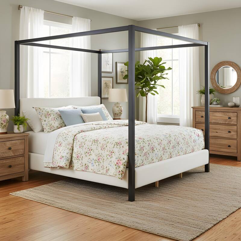 Christopher Knight Home - Mid-Century Modern Bouclé Upholstered Metal Canopy Bed Frame with Padded Headboard