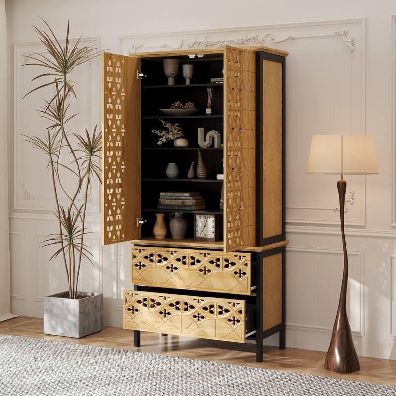 Display Storage Cabinet with Intricate Design Elegant Home Storage Solution Bookshelves Curio - 33.4"x70.9"