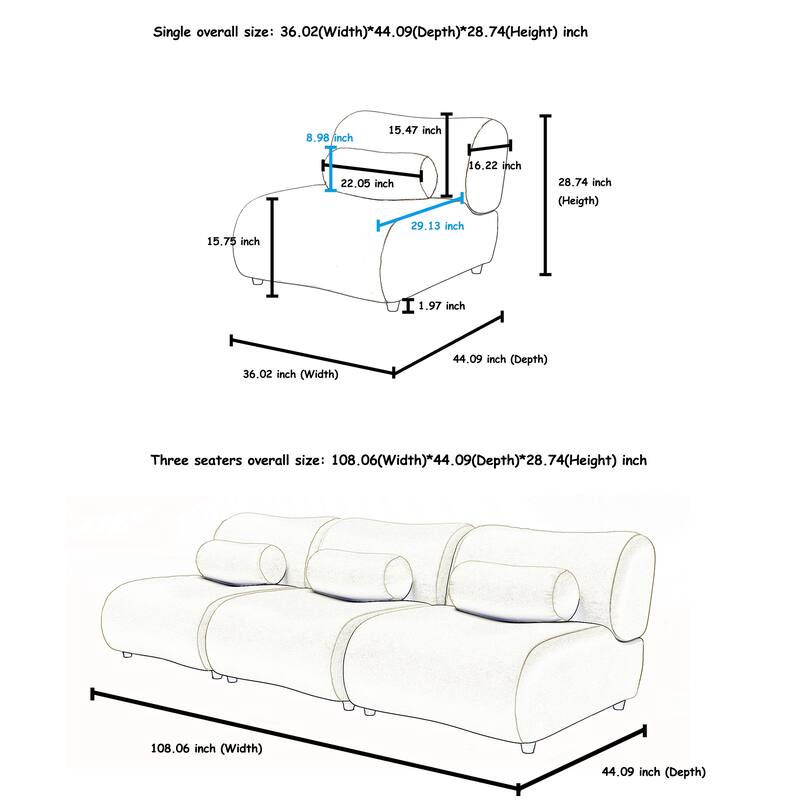 Chenille Modular Sectional Sofa Set, 4-Seater with Reclined Back