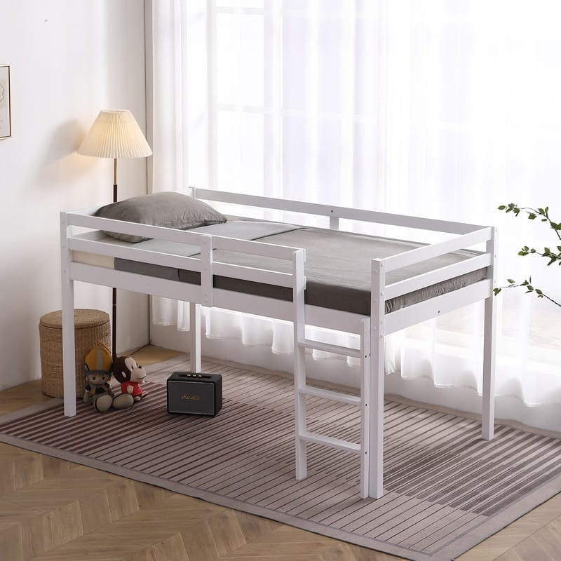 White Twin Solid wood Loft Bed with Ladder - White - Twin