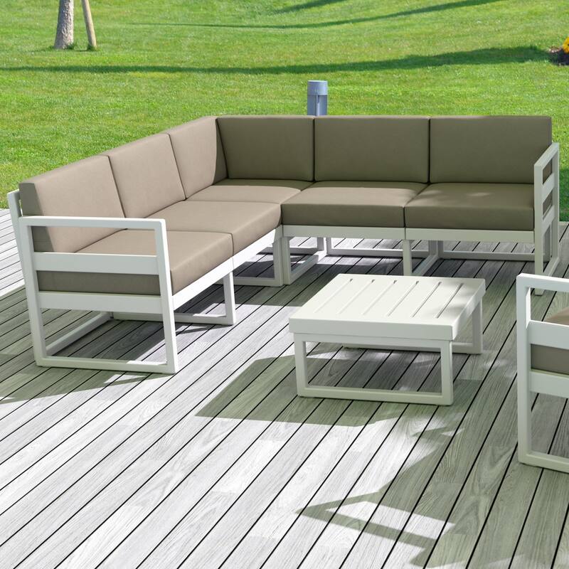 2 Piece White Patio Sectional Lounge Set with Taupe Sunbrella Cushion 78.75"