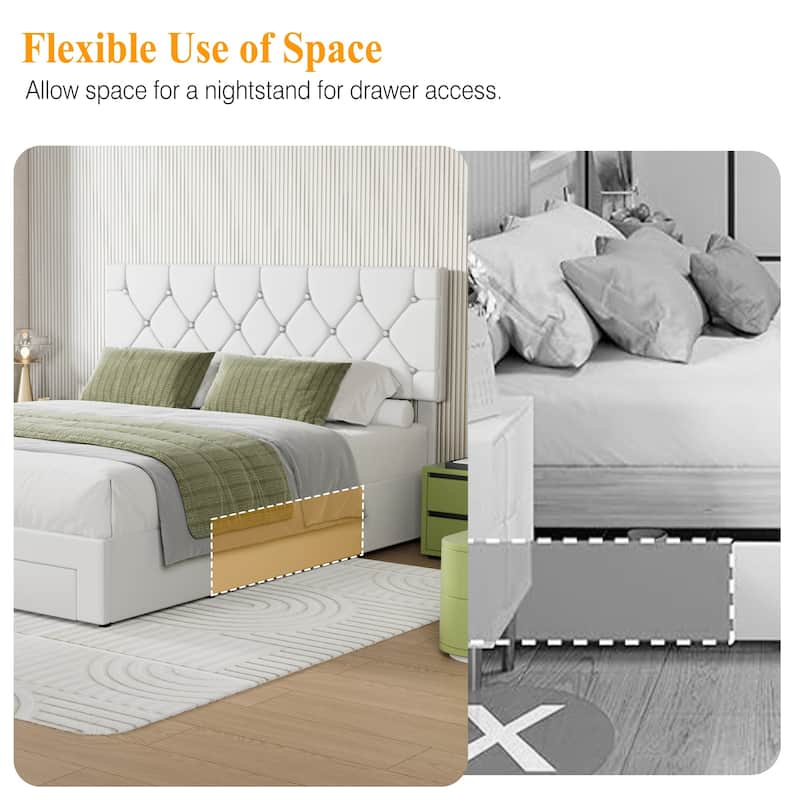 VECELO Bed Frame with Storage Drawers Leather Upholstered with Diamond Tufted Headboard Solid Wood Slat Support