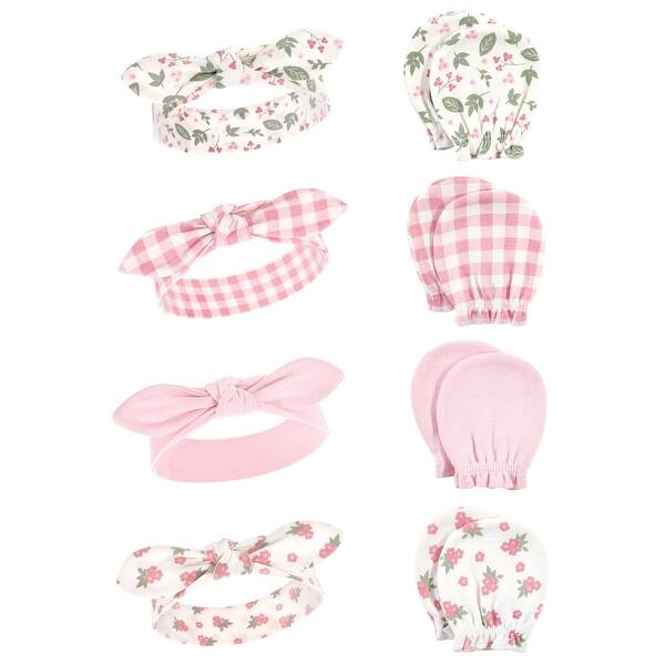 slide 1 of 1, Hudson Baby Infant Girl Cotton Headband and Scratch Mitten Set, Gingham Floral, 0-6 Months - Gingham Floral Gingham Floral - 0-6 Months