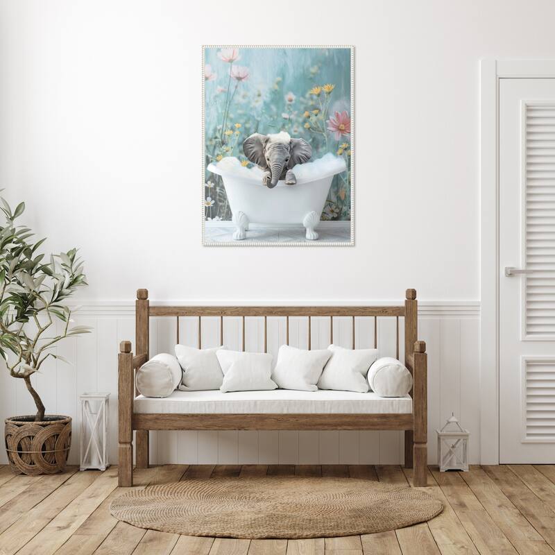 Blue Blossom Elephant Bath by Niky Rahner Framed Canvas Wall Art