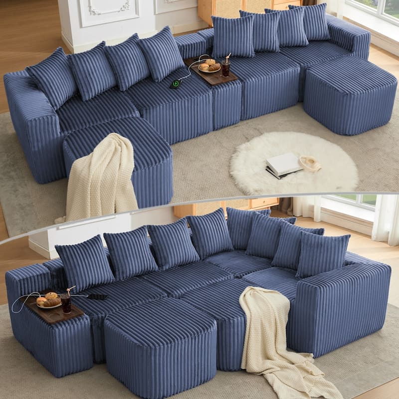 137.5" U-Shaped Sectional Sofa with Coffee Table Board and Ottoman - Blue