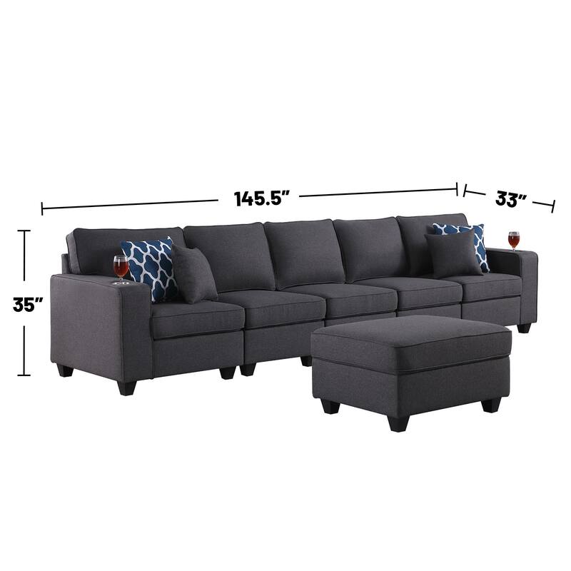 Linen Upholstered 5-Seater Sofa with Ottoman in Dark Gray