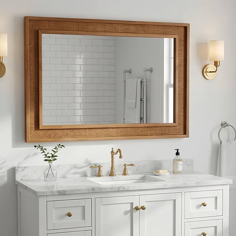 24"x36" Rattan Rectangle Solid Wood Frame Decorative Mirror,For Farmhouse,Bathroom,Home Decor,Entryway