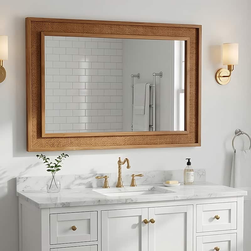 Rattan Rectangle Solid Wood Frame Decorative Mirror