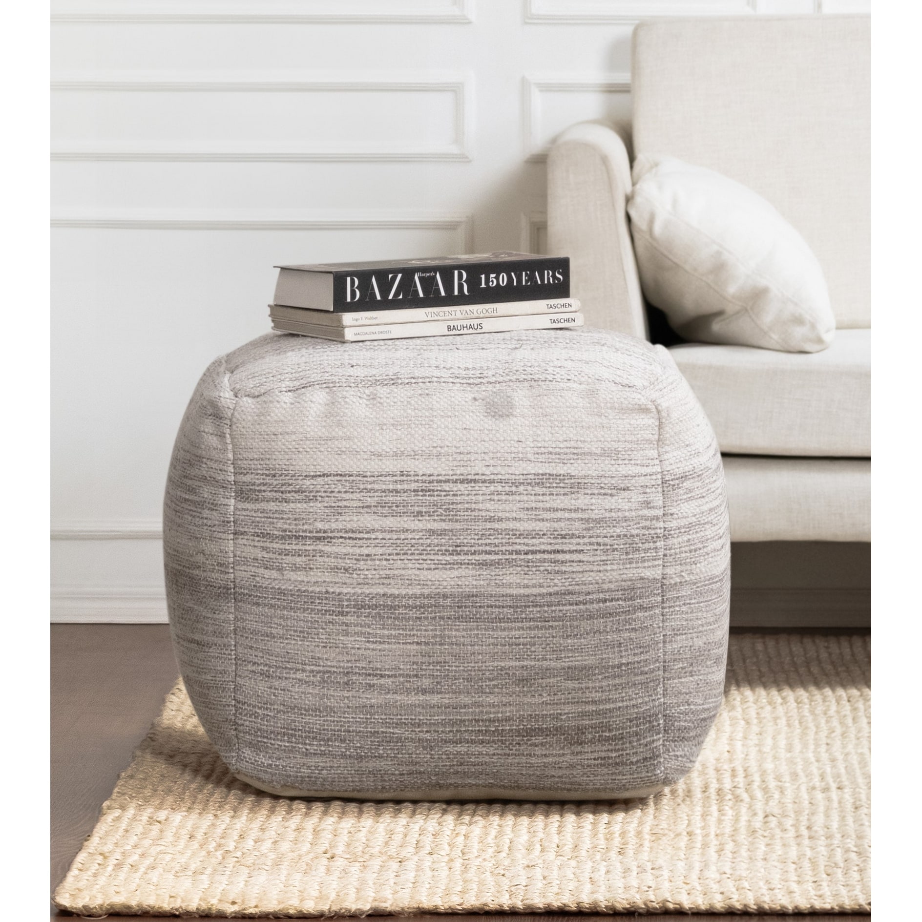 Jani Halifax 20-inch Gray & Ivory Square Pouf Ottoman - Handmade Footrest for Living Room, Bedroom, Nursery