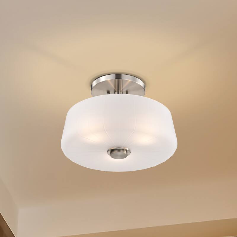 Lune 3 Light Semi-Flush Brushed Nickel Finish Etched White Glass - Brushed Nickel