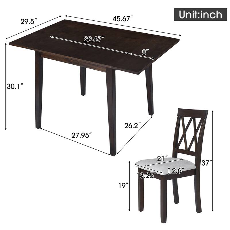 Roomfitters Foldable Dining Table Set, 5 Piece Drop Leaf Kitchen Table with 4 Upholstered Chairs, Space Saving Design