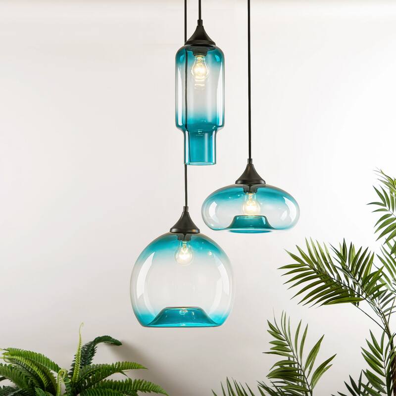 3-Light Modern Black Cluster Pendant Light Gradient Blue Glass Kitchen Island Lighting, Dining Room Ceiling Light