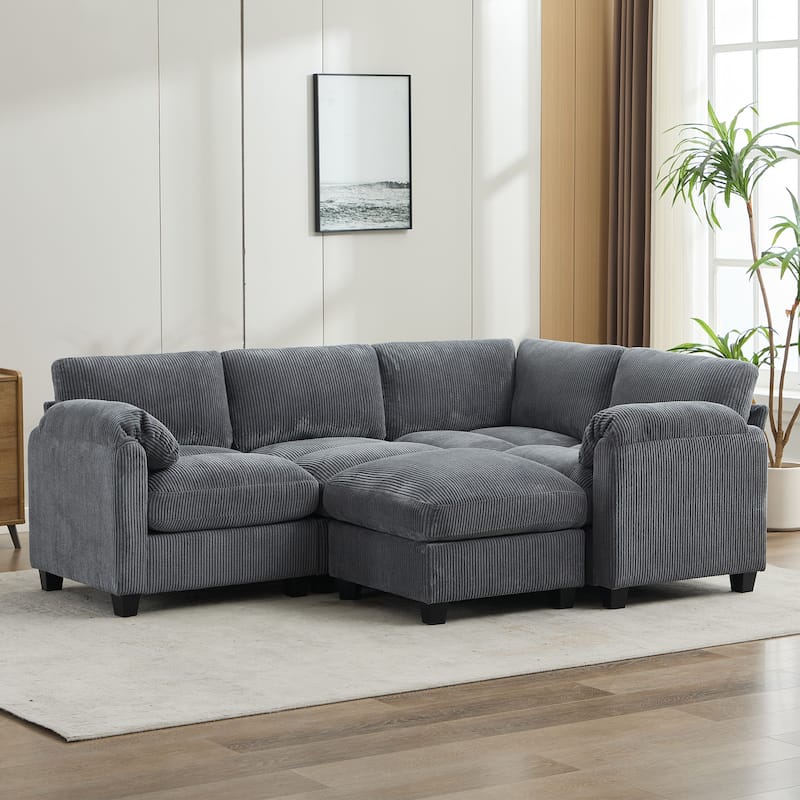 5-Seater Corduroy Sectional Sofa, Removable Ottoman, Modular Design