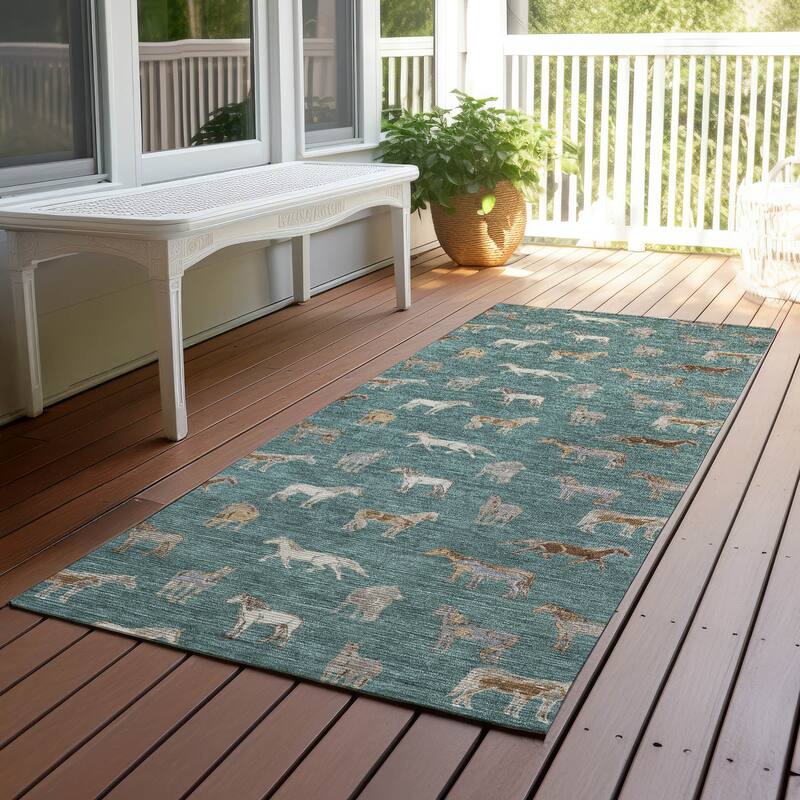 Machine Washable Indoor/ Outdoor Horses Chantille Rug - Basil - 2'3" x 7'6"
