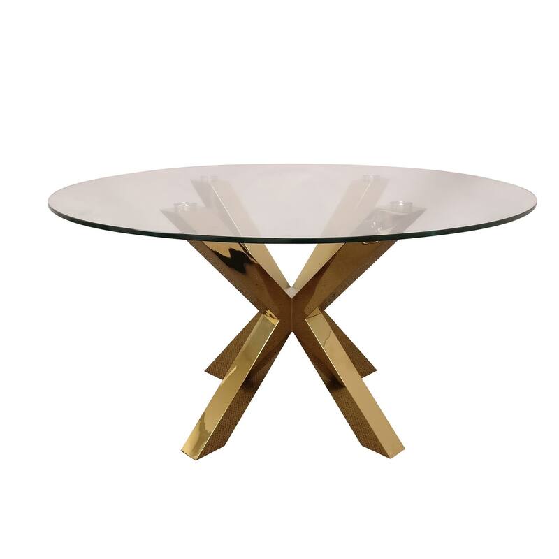HomeRoots 54" Clear and Gold Glass and Metal Cross Leg Base Round Top Dining Table - 54.00 in. x 30.00 in. x 54.00 in.