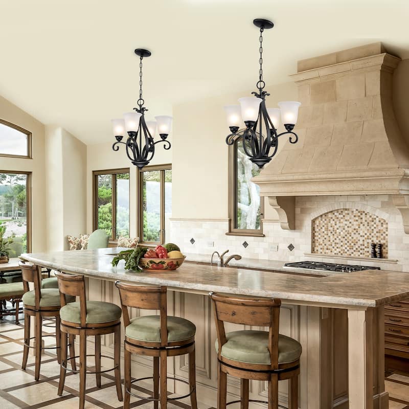 Matte Black 4-Light Candelabra Chandelier with Bell Glass Shades - Dia.8.39-in