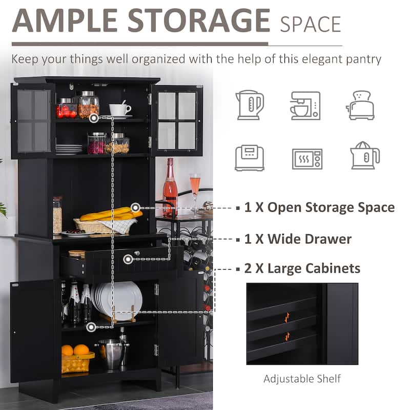 HOMCOM Kitchen Buffet Hutch Wooden Storage Cupboard with Framed Glass Door, Drawer and Microwave Space - 27"x15.75"x64.5"