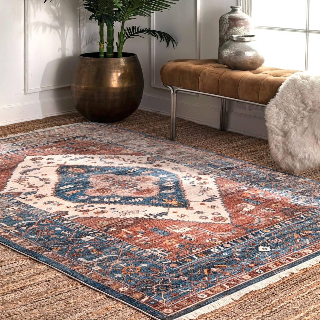 Nuloom Traditional Tribal Kadzia Faded Medallion Fringe Border Area Rug