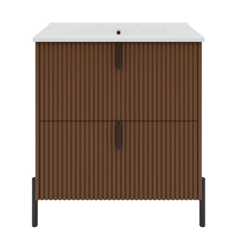 Bathroom Vanity with Ceramic Sink, Freestanding Bathroom Storage Cabinet, Fluted Bathroom Vanity with 2 Full-Extension Drawers