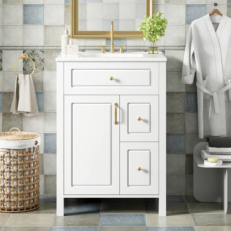 24-Inch Bathroom Vanity With Ceramic Sink, 1 Soft Close Door, 2 Soft Close Drawers, And Double Storage Racks On The Door