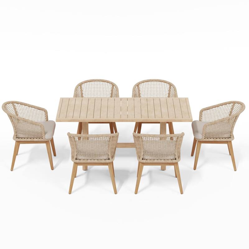 Outdoor 7-Piece Woven Rope Dining Chair and Wood Table Set