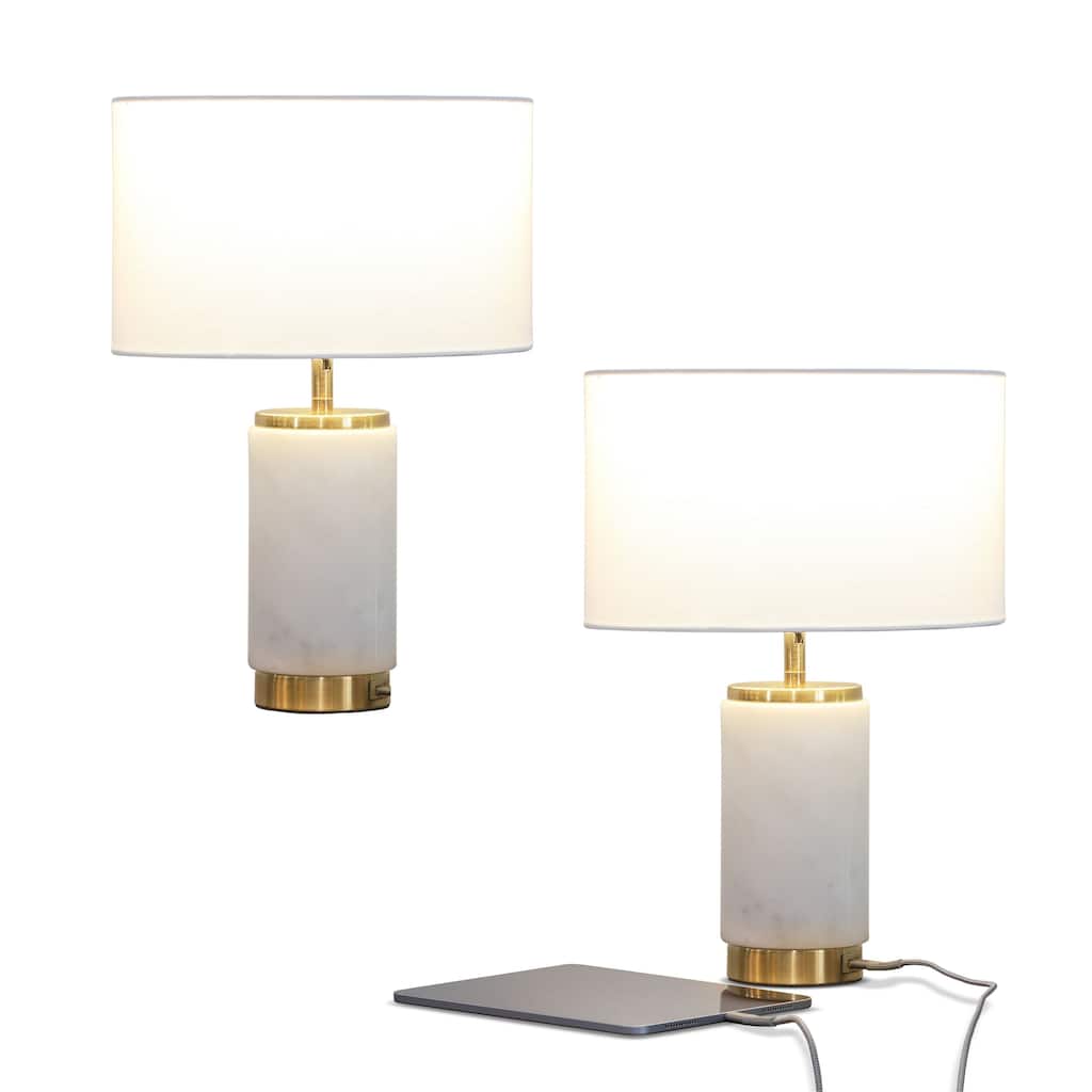 Brightech Arden 17 in. White Mid-Century LED Standard Table Lamp with White Fabric Drum Shade and Built-In USB Port (2-Pack)