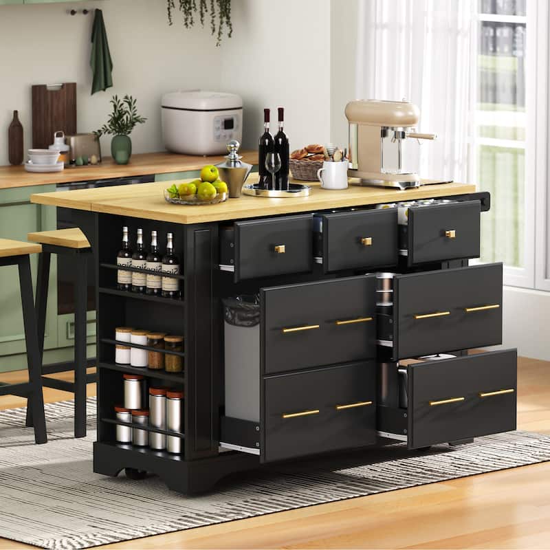 Kitchen Island with 6 Drawers, Pull Out Trash Can Storage, with Drop Leaf, Power Outlet, 5 Open Side Racks