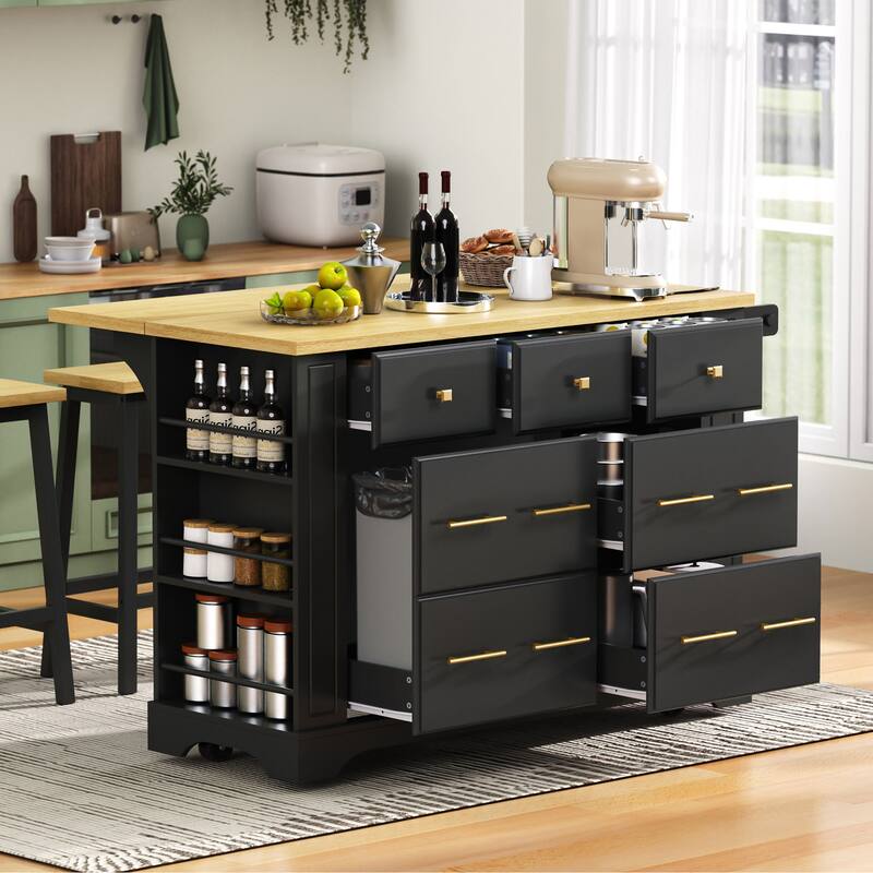 Multi-Functional Kitchen Island: 6-Drawer Storage, Retractable Waste Bin, 5-Shelf Organizer & Power Station on Lockable Wheels.