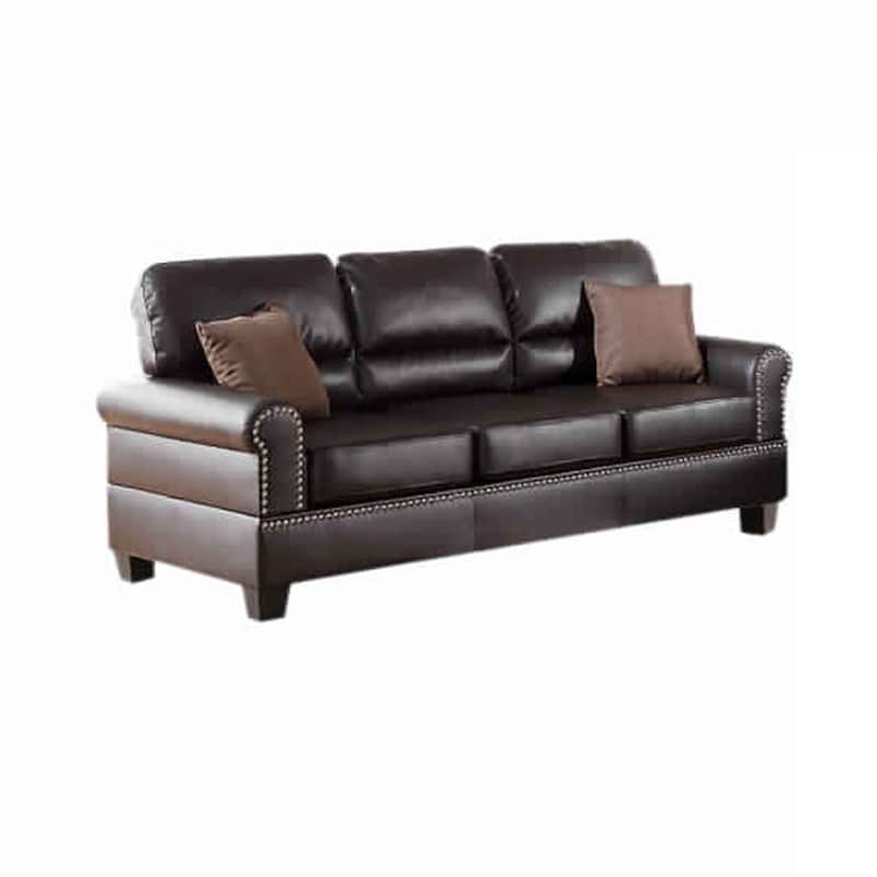 2 Pc Sofa and Loveseat Set, Espresso Brown Faux Leather, Nailhead Trim