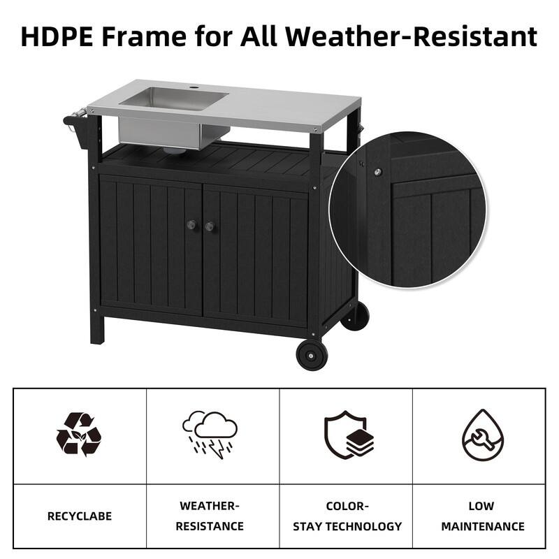HDPE Outdoor Grill Cart with Sink,Cabinet and Cover, 42 inch Freestanding Modular Kitchen Sink Station in 304 Stainless Steel