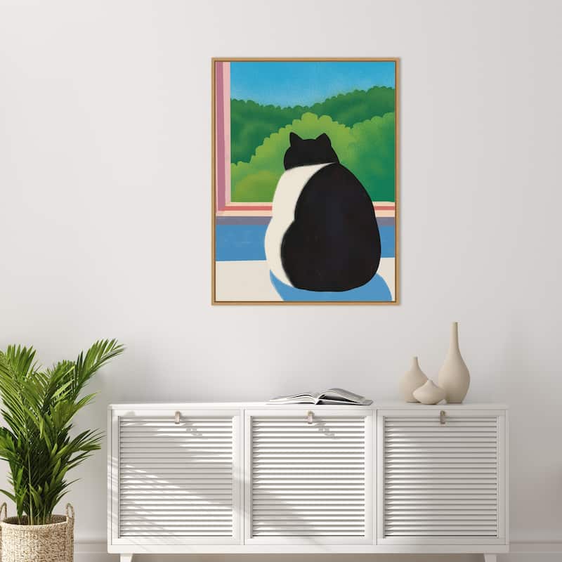 Fat Cat Looking out the Window by Little Dean Framed Canvas Wall Art