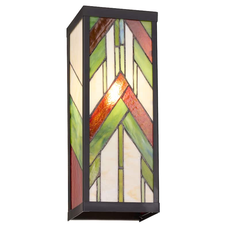 River of Goods Green Stained Glass and Black Satin Rectangular 1-Light Outdoor Wall Sconce - 6.25" x 5.5" x 16.25"