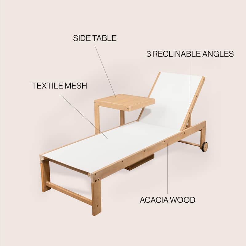 Barclay Coastal Modern Acacia Wood Mesh 3-Position Outdoor Chaise Lounge Set with Side Table, by JONATHAN Y